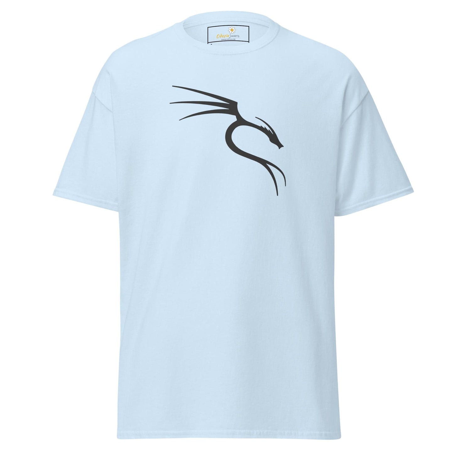 Light blue T-shirt with a black dragon design for men and women, available in sizes S to XL