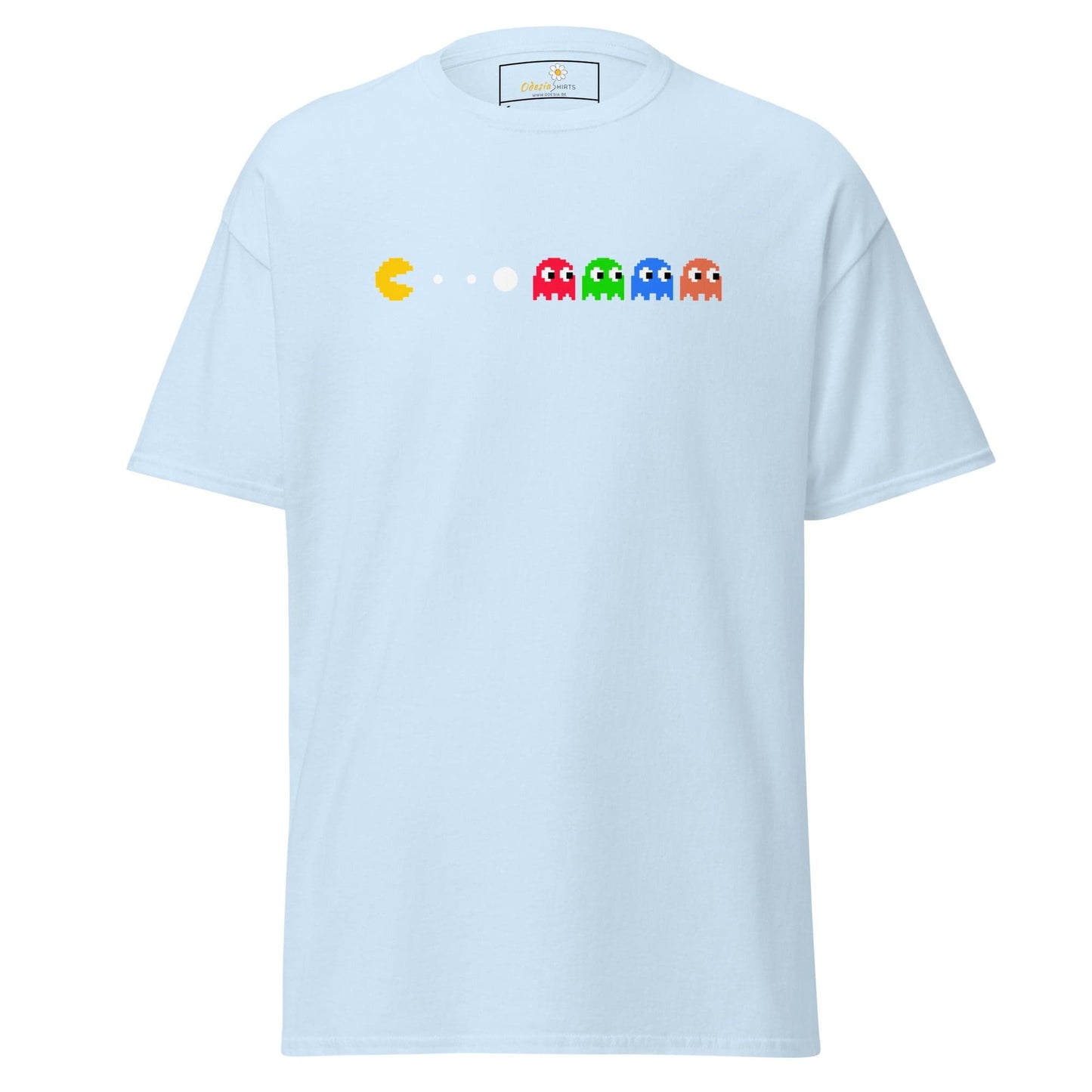 Light blue T-shirt with Pac-Man design suitable for men and women in S to XL sizes
