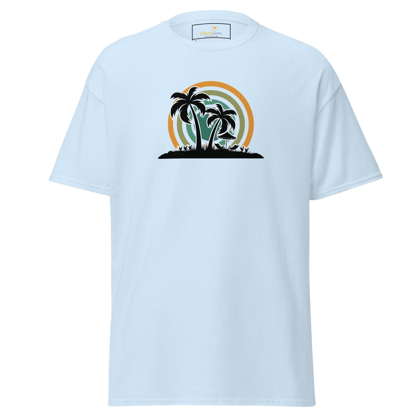 Light blue T-shirt with tropical island graphic for men and women sizes S to XL