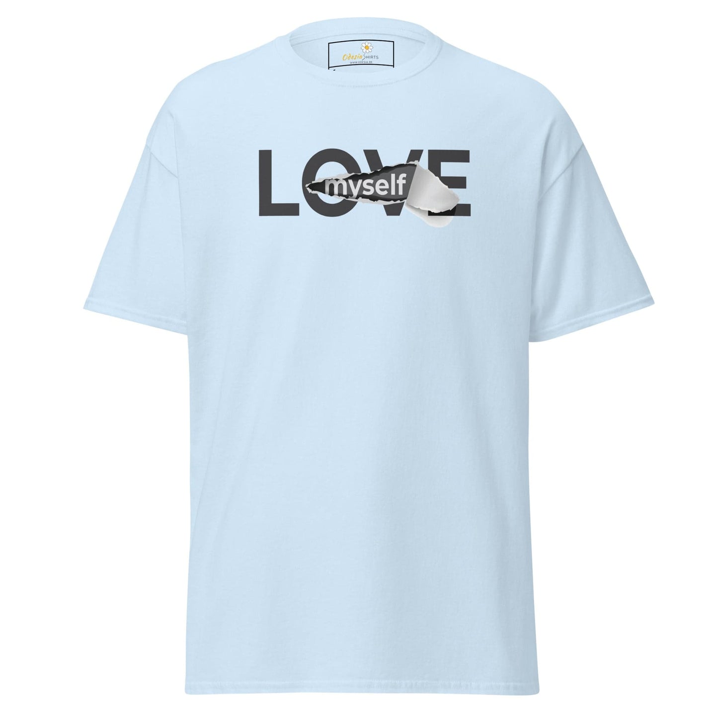 Light blue T-shirt with love myself graphic for men and women in sizes S to XL