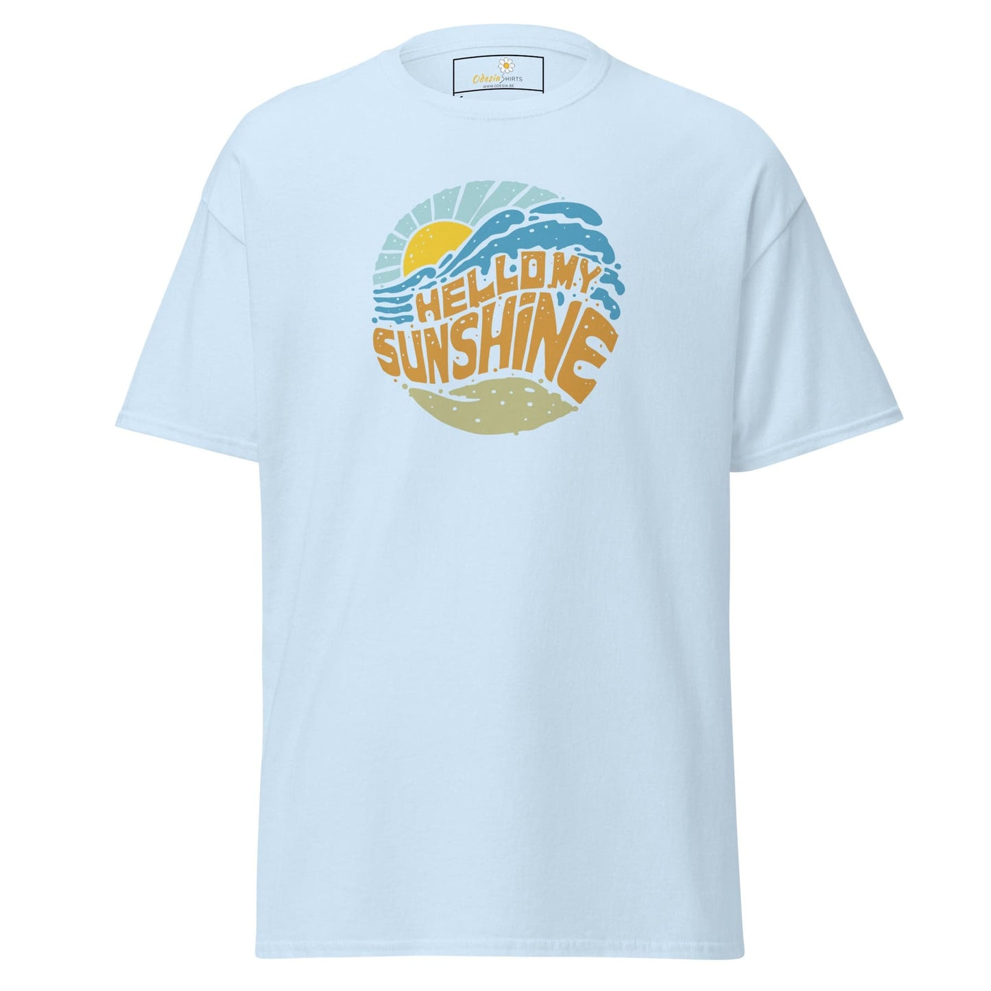 Light blue T-shirt with Hello My Sunshine graphic, available in S to XL sizes
