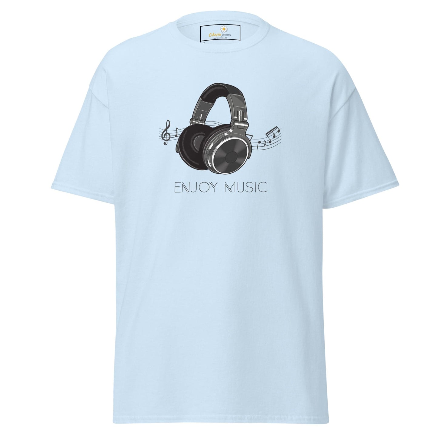 Light blue T-shirt with headphone graphic for men and women in sizes S to XL