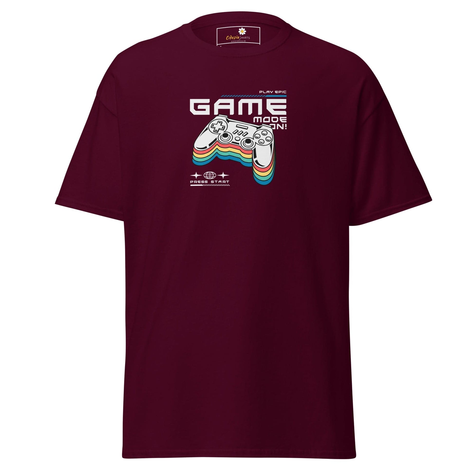 Maroon T-Shirt with Gaming Controller Graphic for Men and Women in Sizes Small to XL