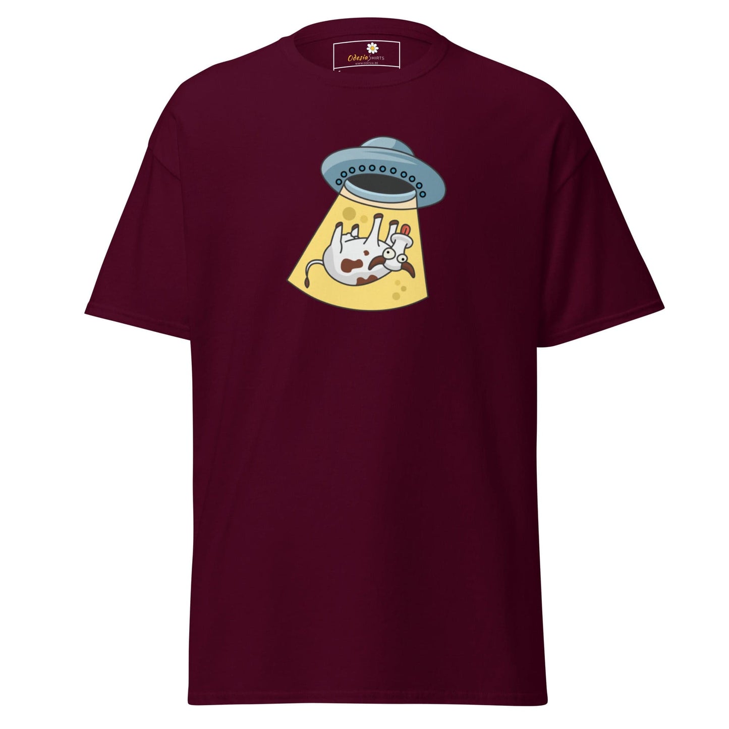 Maroon T-shirt with alien abduction graphic for Men and Women in sizes S to XL