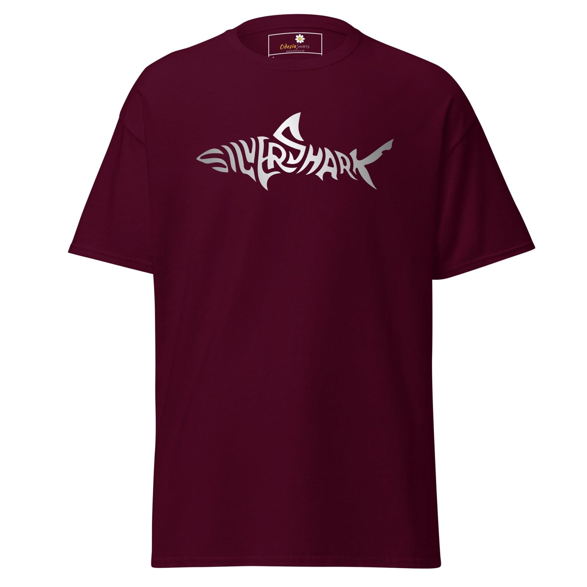 Maroon T-shirt with silver shark graphic from T- SHIRT DESIGN TEE for men and women