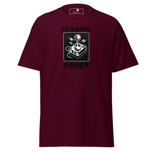 Maroon T-shirt featuring a retro gaming design for men and women available in sizes S to XL