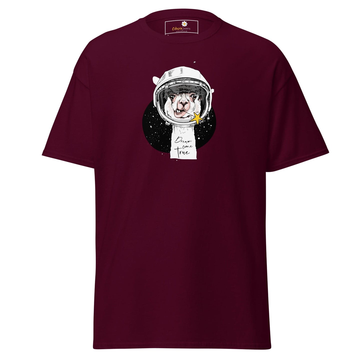 Maroon T-shirt with alpaca astronaut graphic for men and women from S to XL