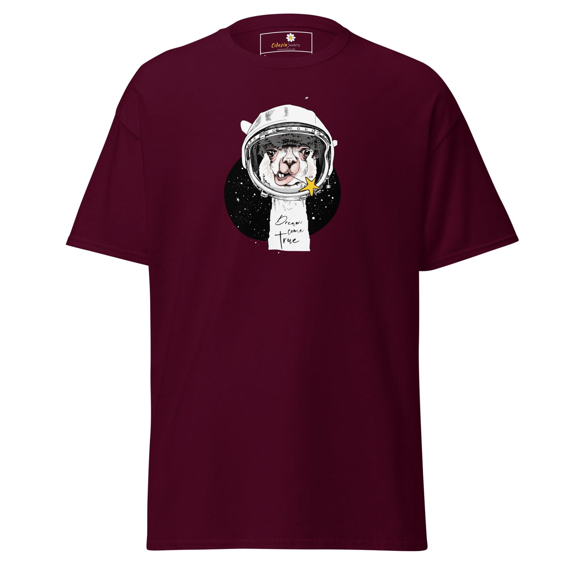 Maroon T-shirt with alpaca astronaut graphic for men and women from S to XL