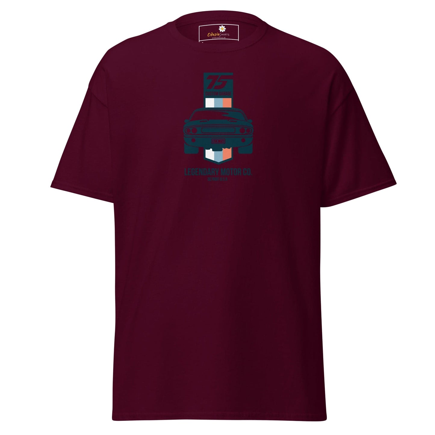 Maroon T-shirt with graphic design available for men and women in sizes S to XL