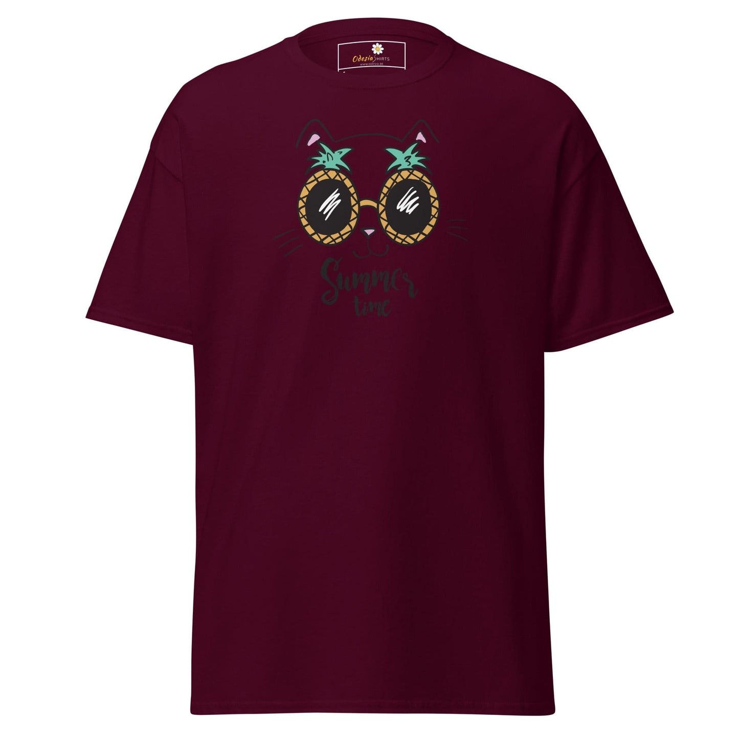 Maroon T-shirt with pineapple sunglasses graphic for men and women, available in sizes S to XL