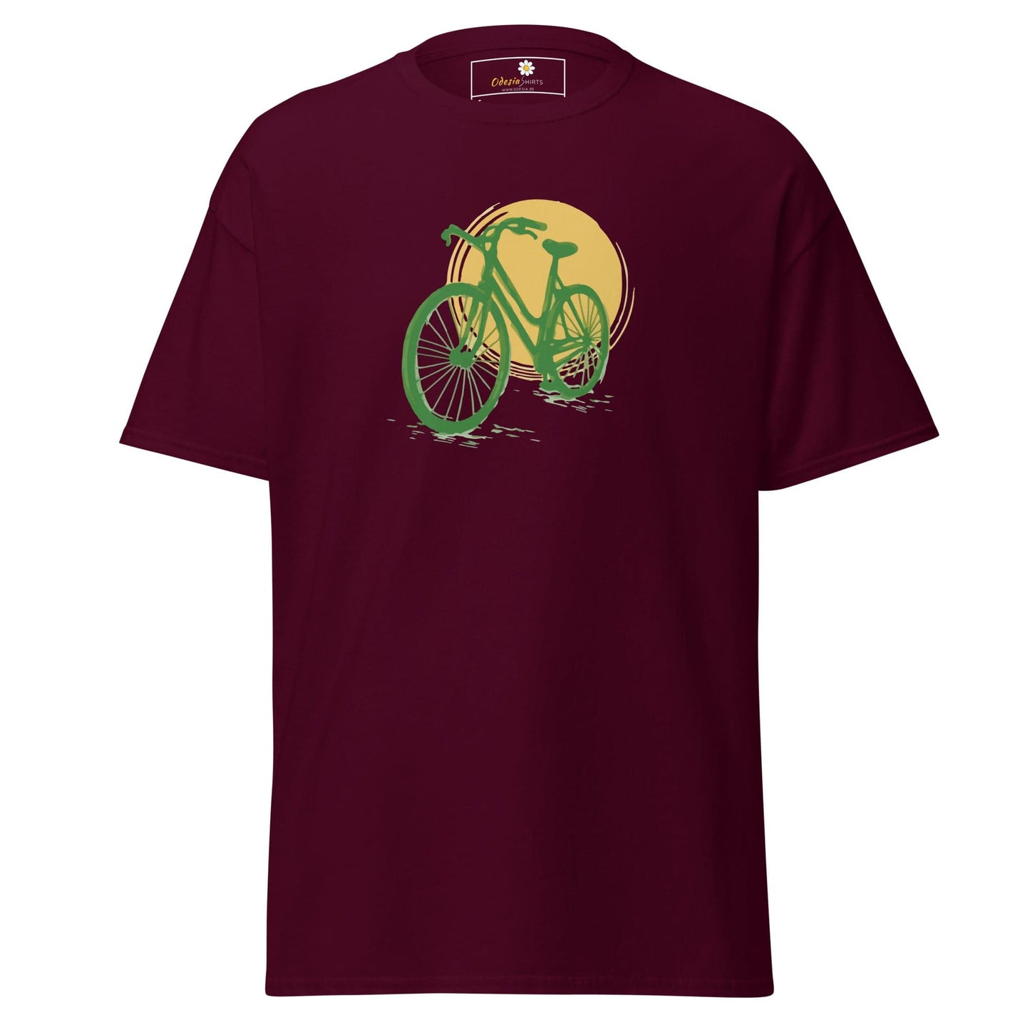 Maroon T-shirt with bicycle graphic from T-SHIRT DESIGN TEE for men and women in various sizes