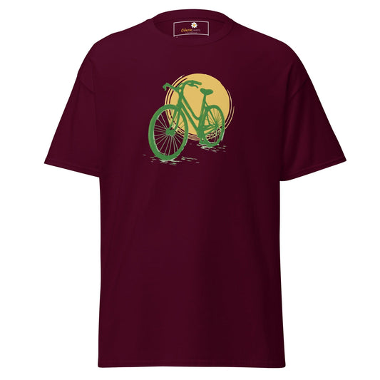 Maroon T-shirt with bicycle graphic from T-SHIRT DESIGN TEE for men and women in various sizes