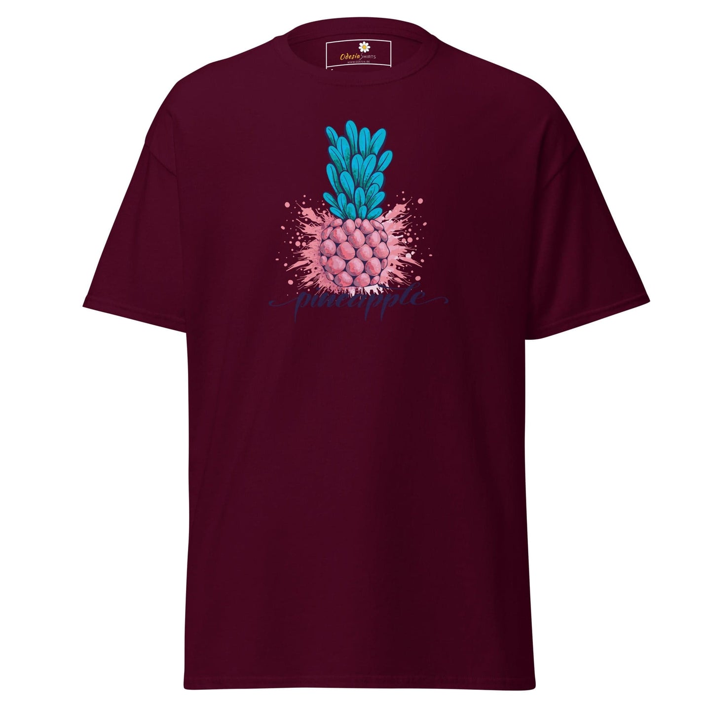 Maroon T-shirt featuring a pineapple graphic for men and women sizing S to XL
