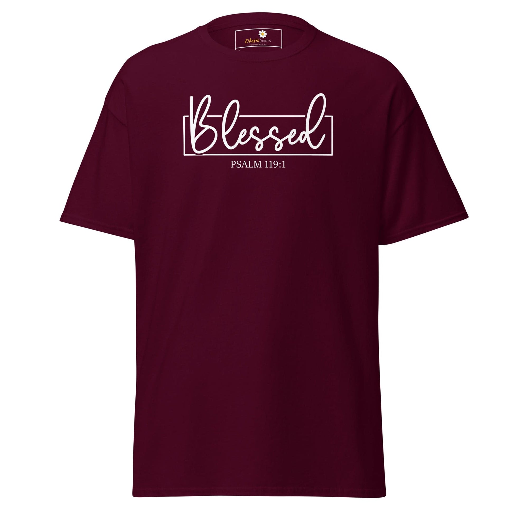 Maroon T-shirt with Blessed graphic for men and women available in sizes S to XL