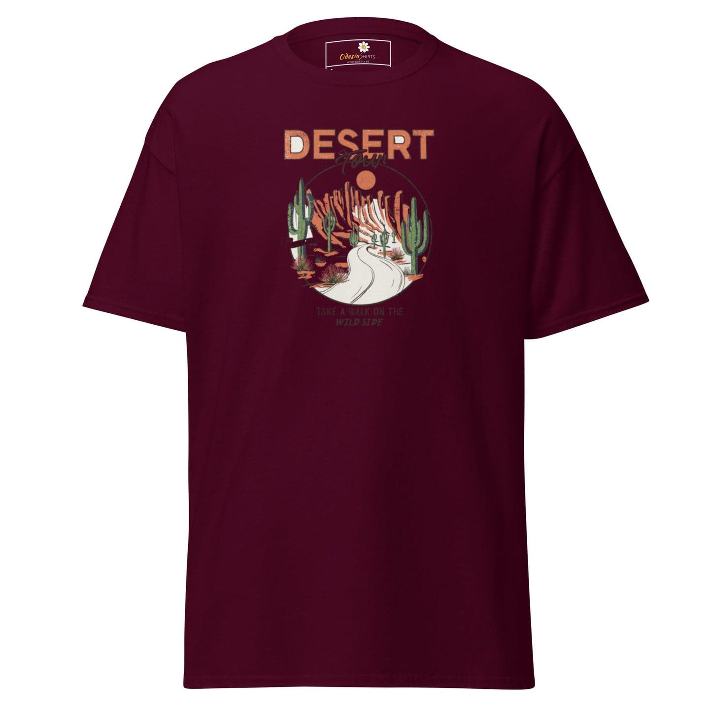 Maroon T-shirt with desert graphic, men’s and women’s sizes S to XL