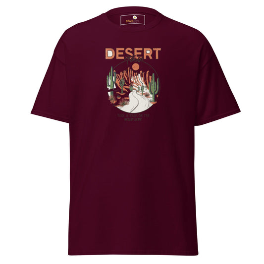 Maroon T-shirt with desert graphic, men’s and women’s sizes S to XL