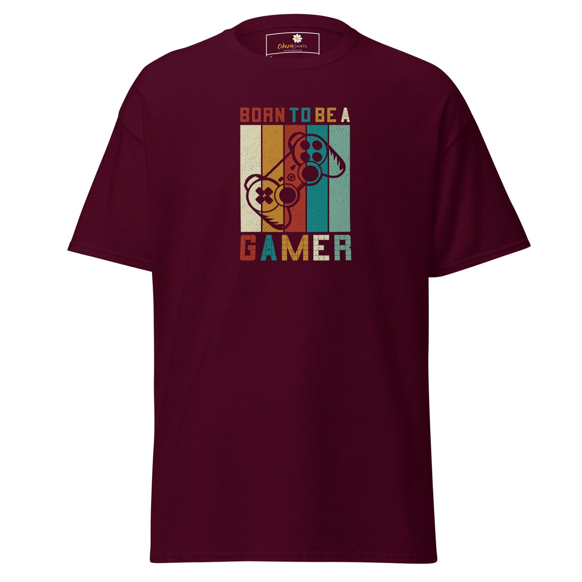 Maroon T-shirt with gamer design for men and women in S to XL sizes