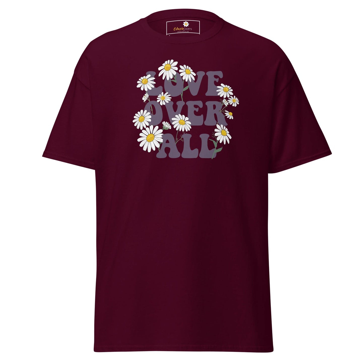 Maroon T-shirt with floral Love Over All graphic for Men and Women, available in S to XL