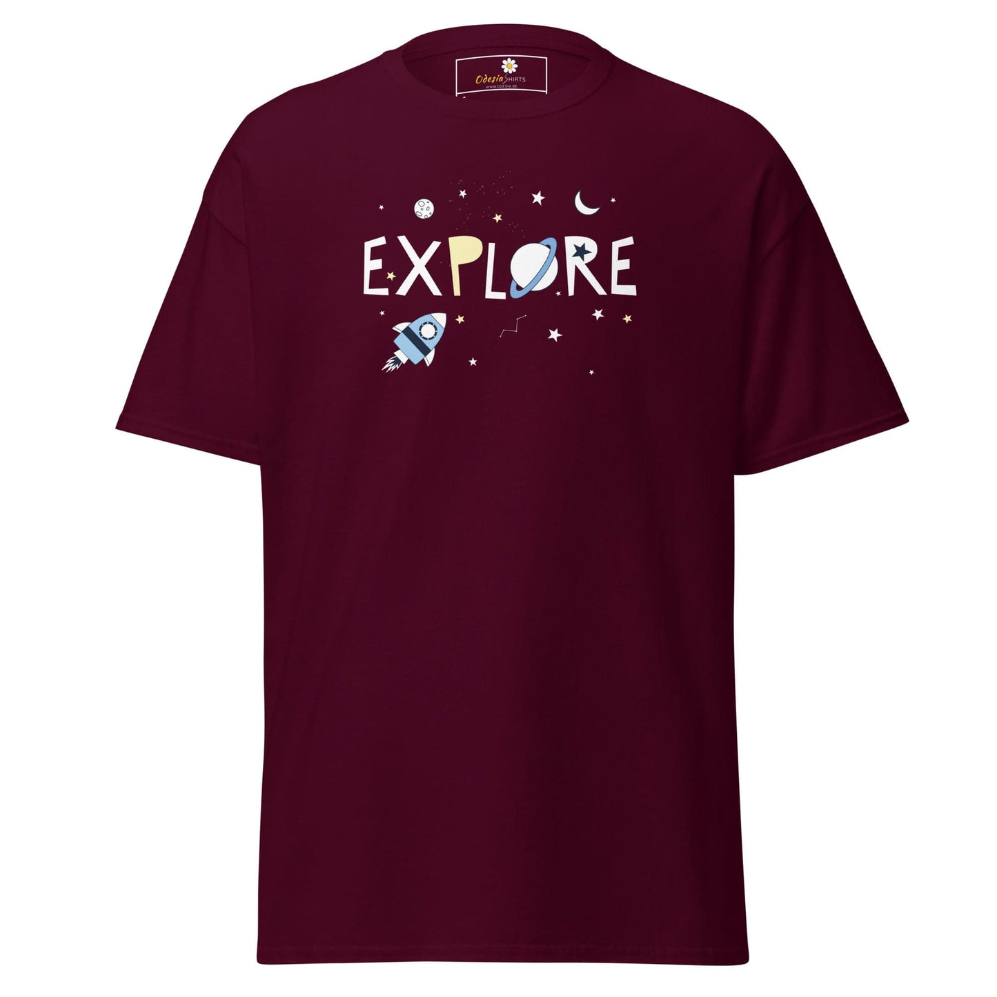 Maroon T-shirt with space-themed graphic from T-SHIRT DESIGN TEE for Men and Women