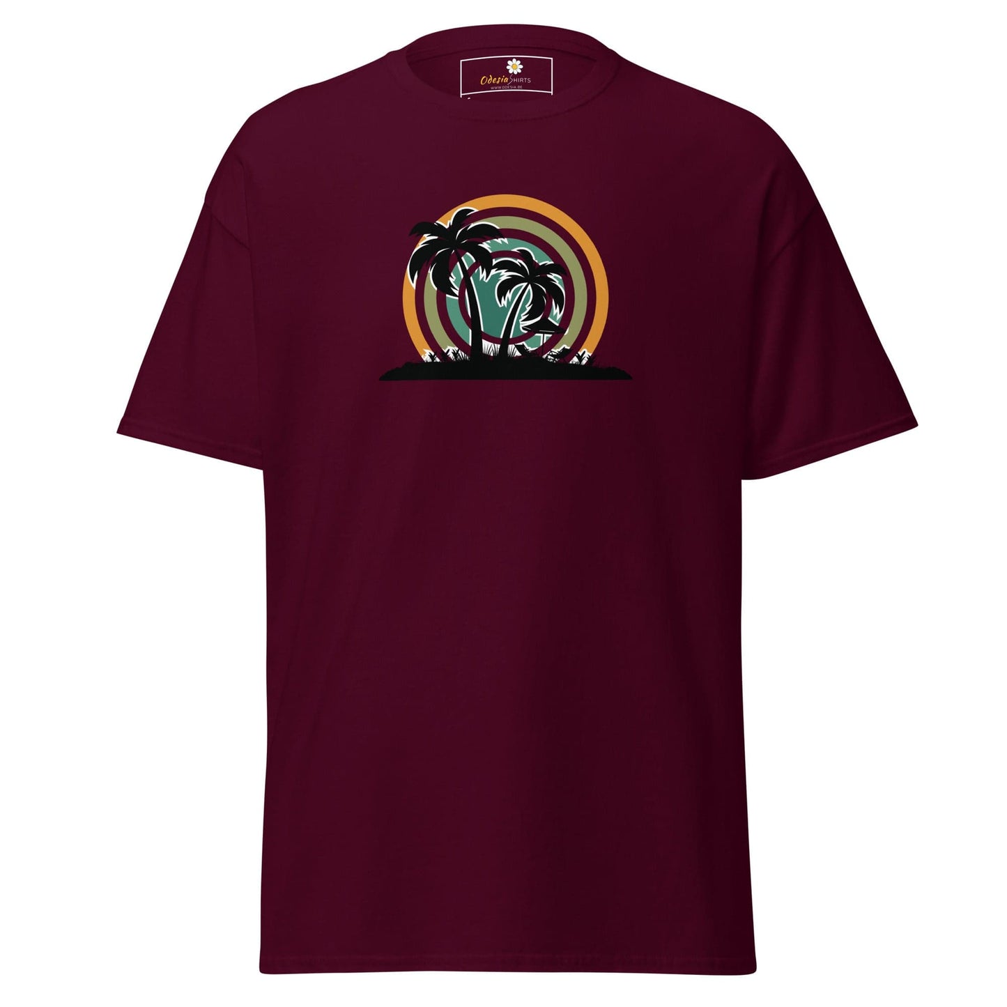 Maroon T-shirt with palm tree graphic for Men and Women available in sizes S to XL