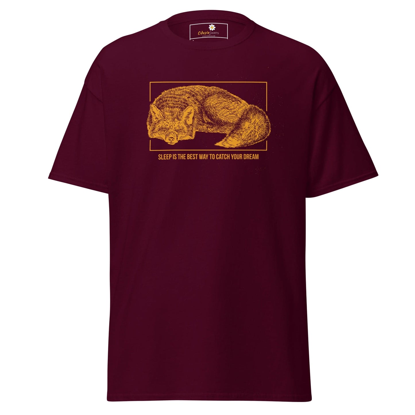 Maroon T-shirt with fox graphic, suitable for men and women, available in sizes S to XL