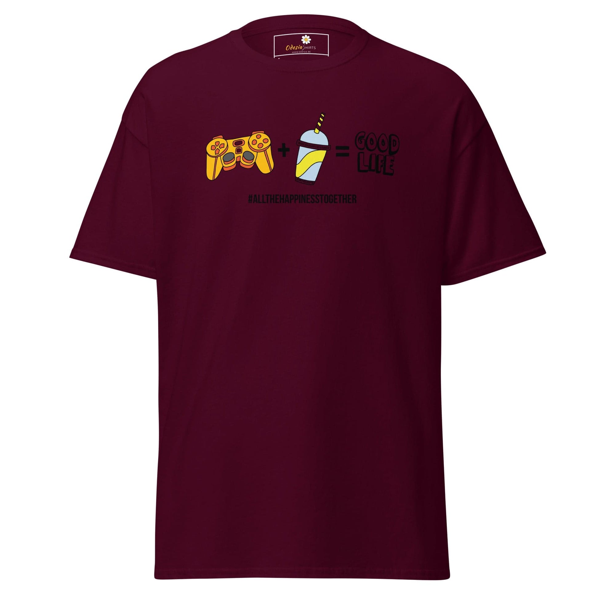 Maroon T-shirt with gaming graphic displayed in T-SHIRT DESIGN TEE for Man and Woman