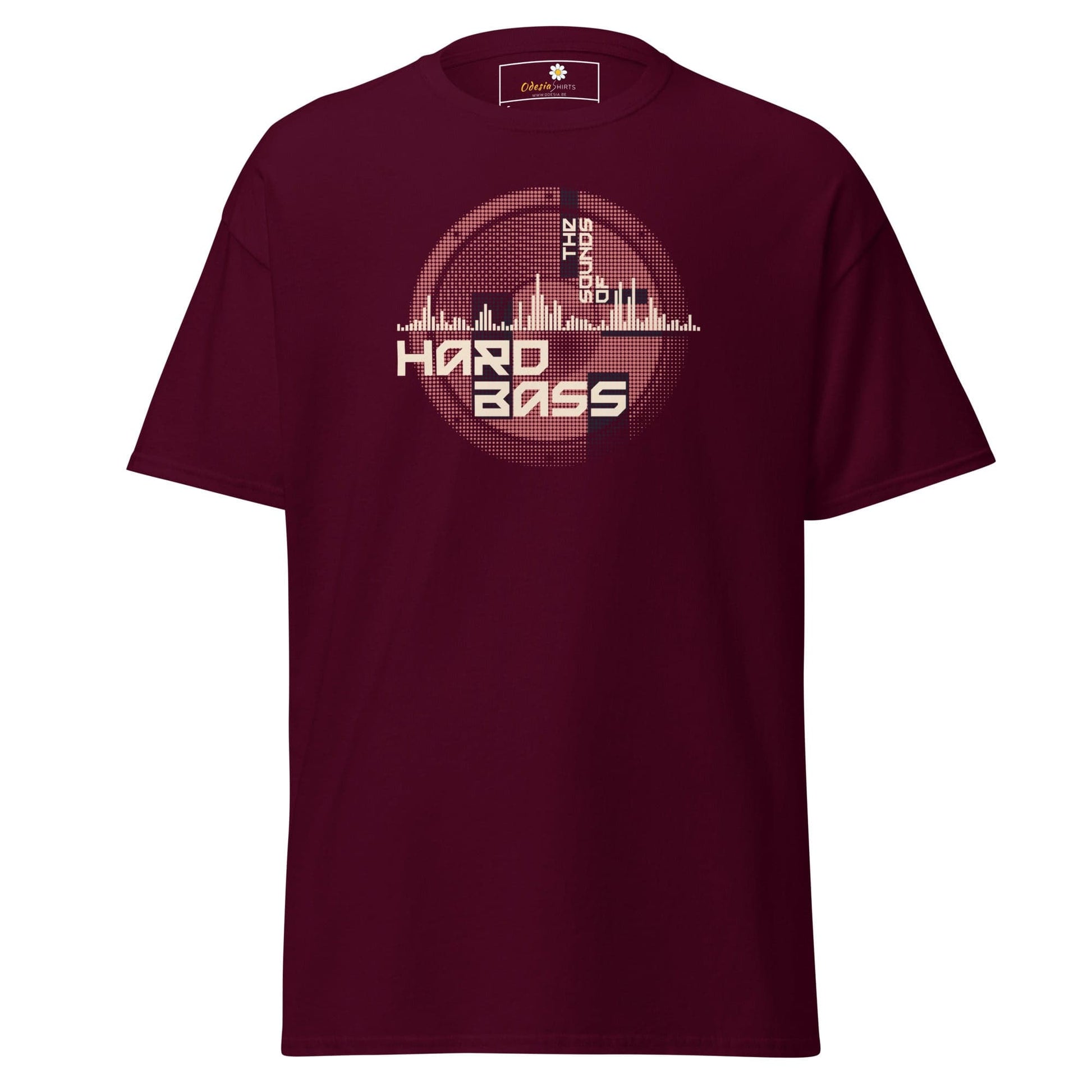 Maroon T-shirt featuring a graphic design for men and women, available in sizes S to XL
