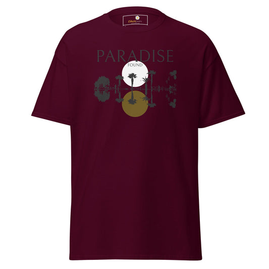 Maroon T-shirt with palm tree graphic for men and women available in sizes S to XL