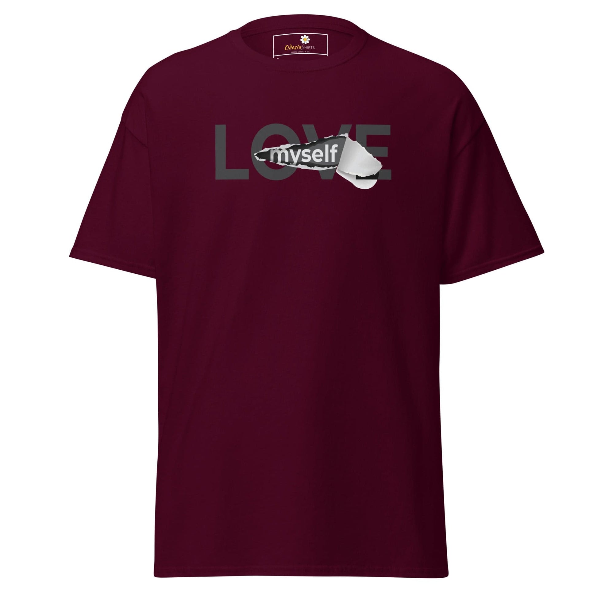 Maroon T-shirt featuring Love Myself graphic from T-SHIRT DESIGN TEE for Men and Women