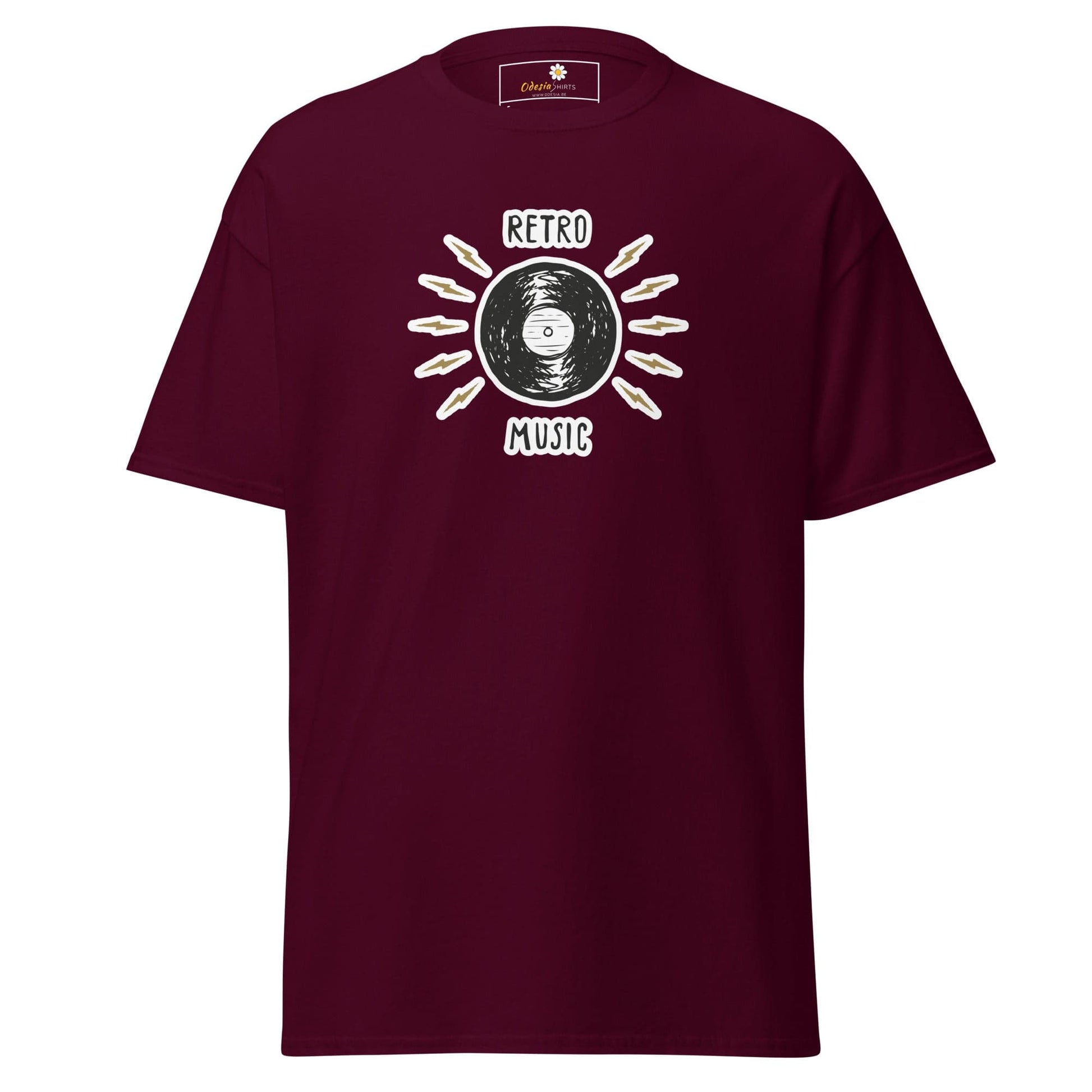 Maroon T-shirt with retro music design for men and women in size S to XL