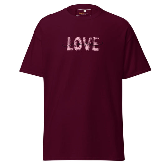 Maroon T-shirt with LOVE graphic, suitable for men and women, available in sizes S to XL