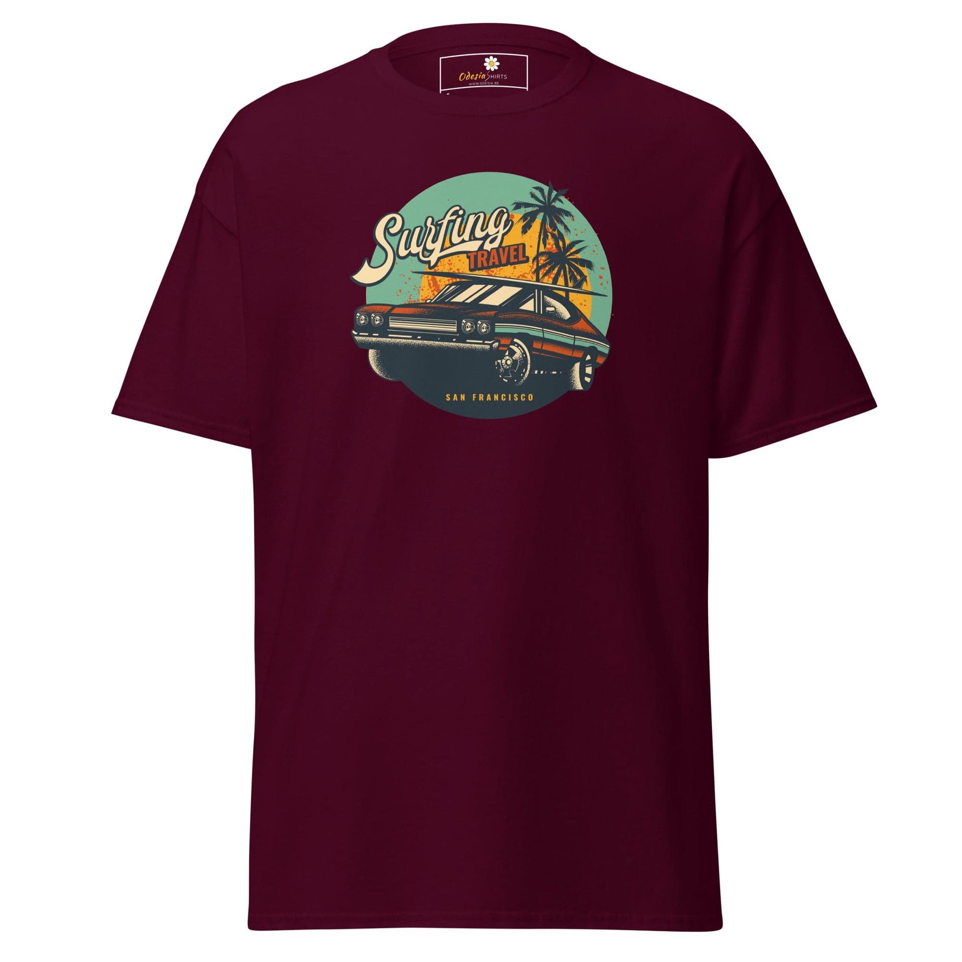 Maroon T-shirt with Car Graphic for Men and Women available in sizes S to XL