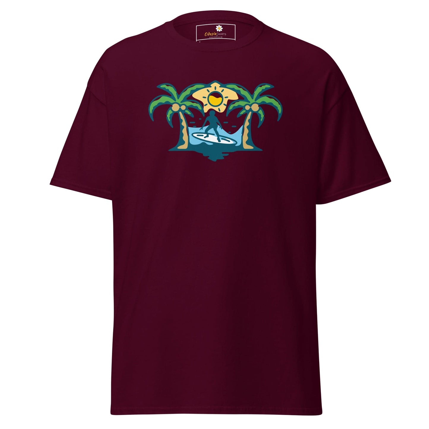 Maroon T-shirt featuring tropical surfer graphic, available in Men and Women sizes S to XL