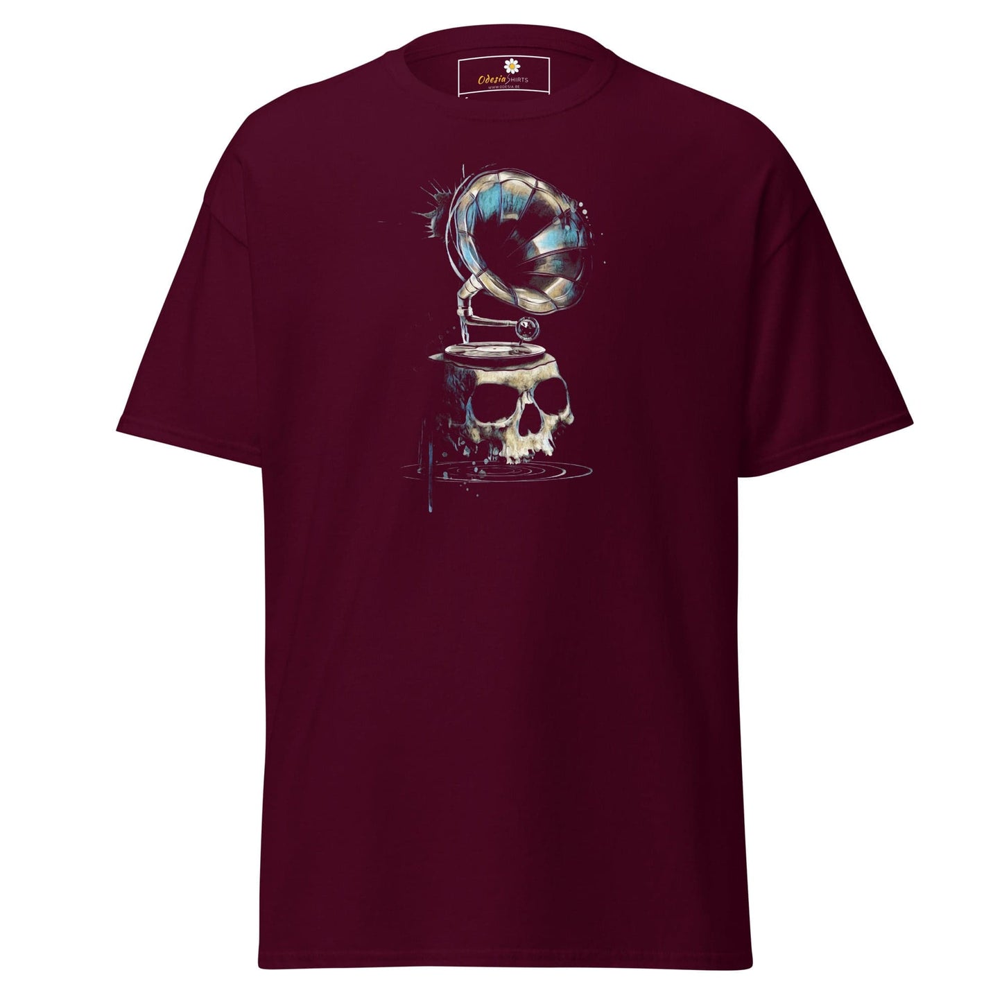 Maroon T-shirt with a skull and gramophone graphic for men and women, sizes S to XL