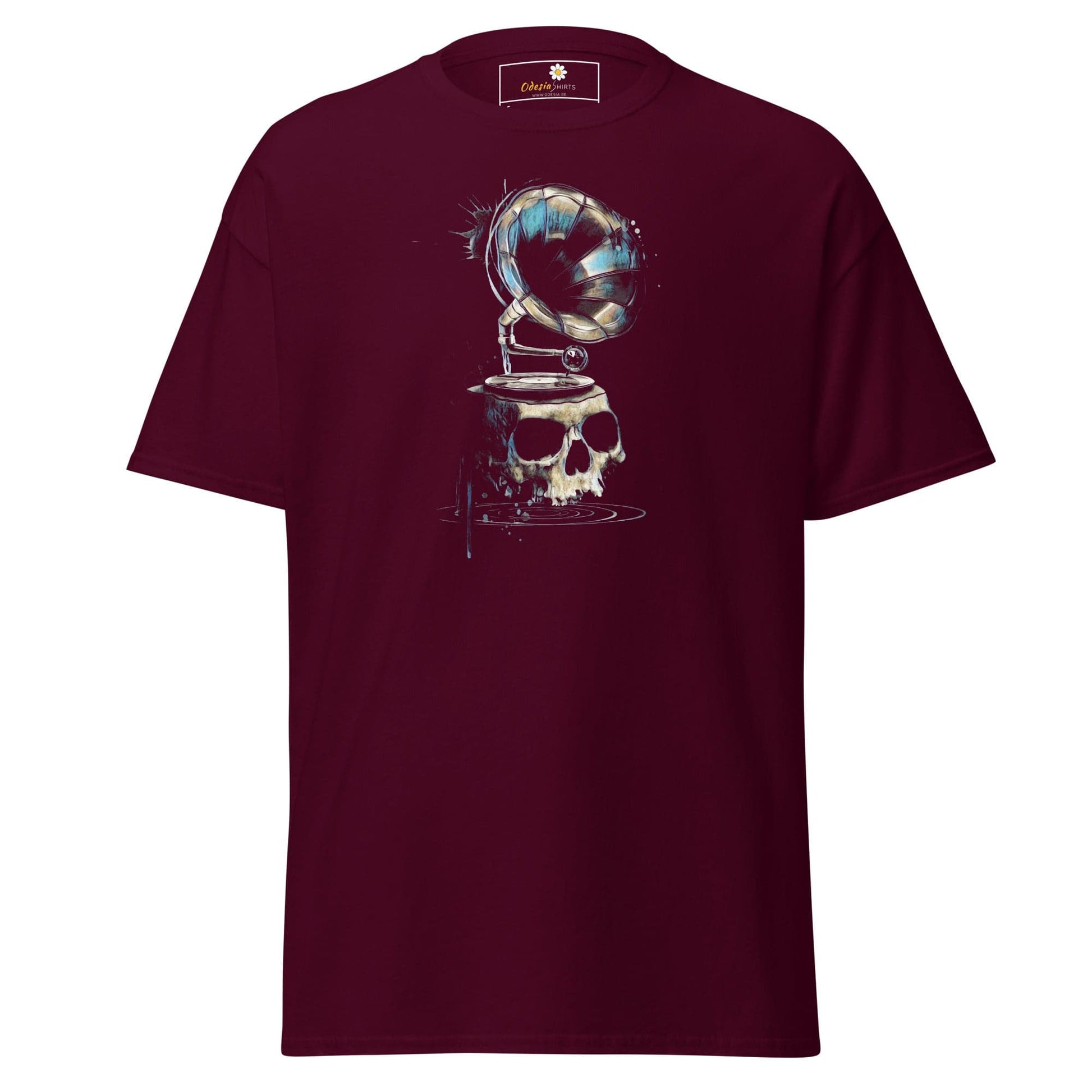 Maroon T-shirt with a skull and gramophone graphic for men and women, sizes S to XL