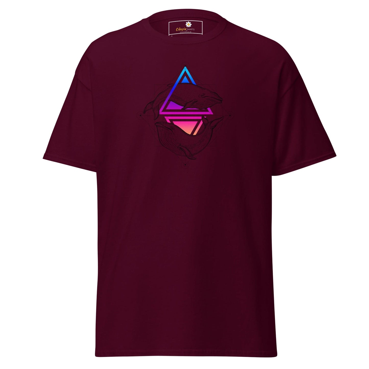 Maroon T-Shirt with colorful geometric design for Men and Women, sizes S to XL