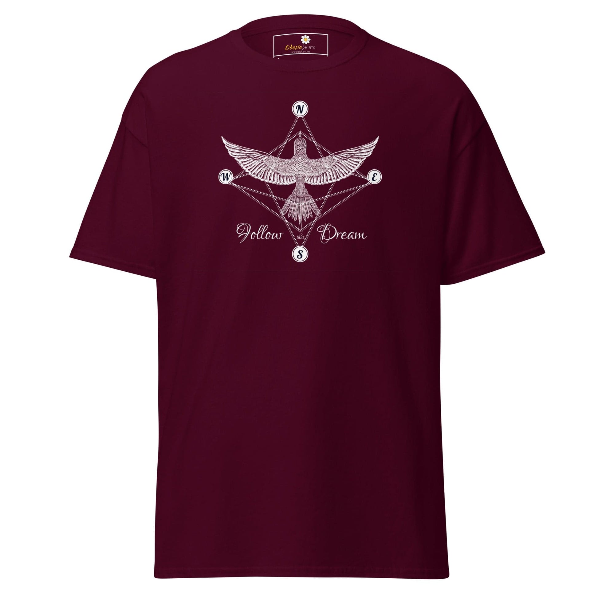 Maroon T-shirt with bird design, suitable for Men and Women, available in size S to XL