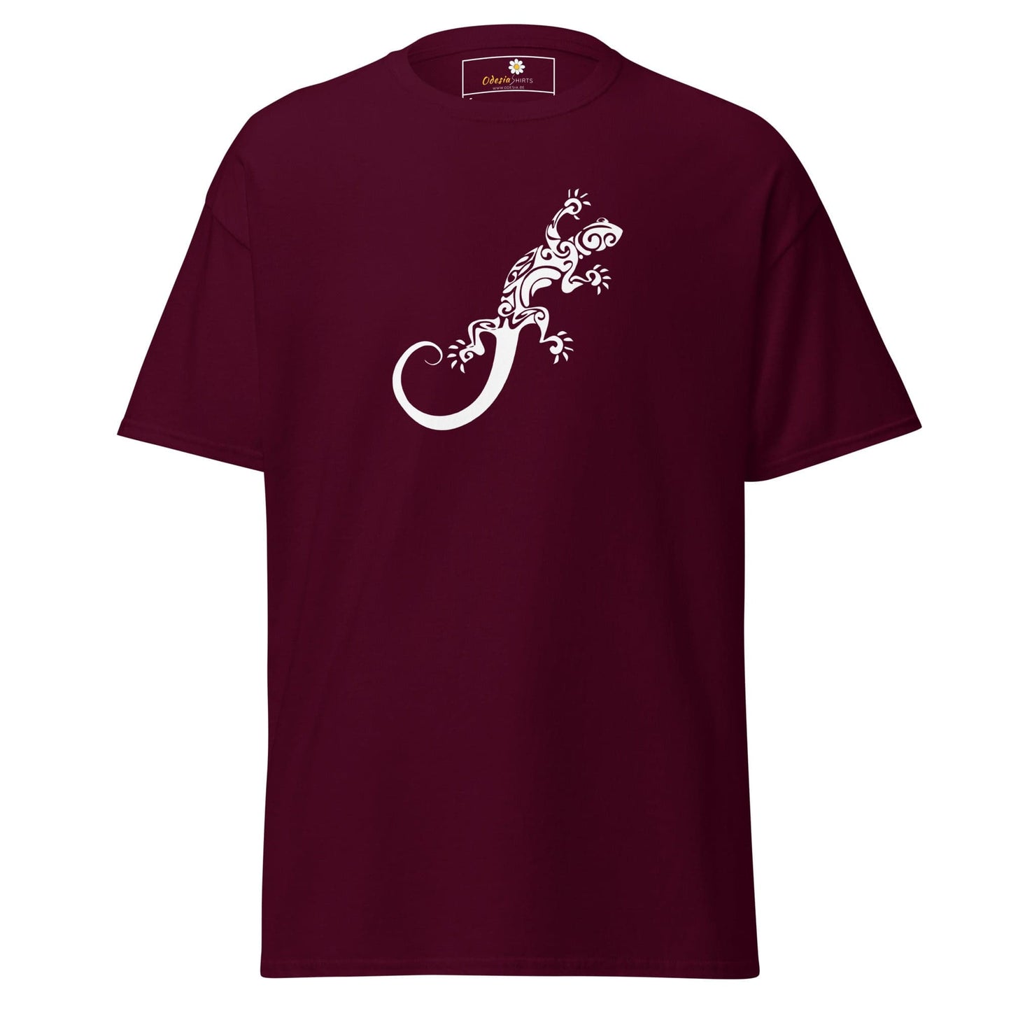 Maroon T-shirt with white lizard design, available in size S to XL for men and women