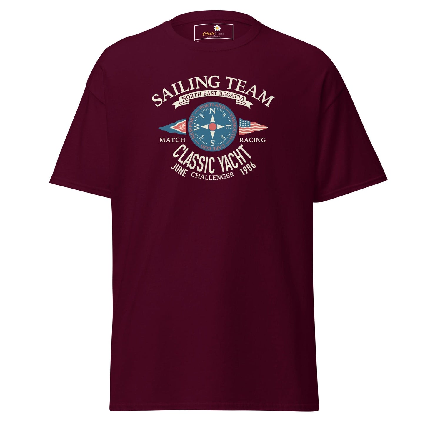 Maroon T-shirt with sailing graphic from T-SHIRT DESIGN TEE for men and women in sizes S to XL