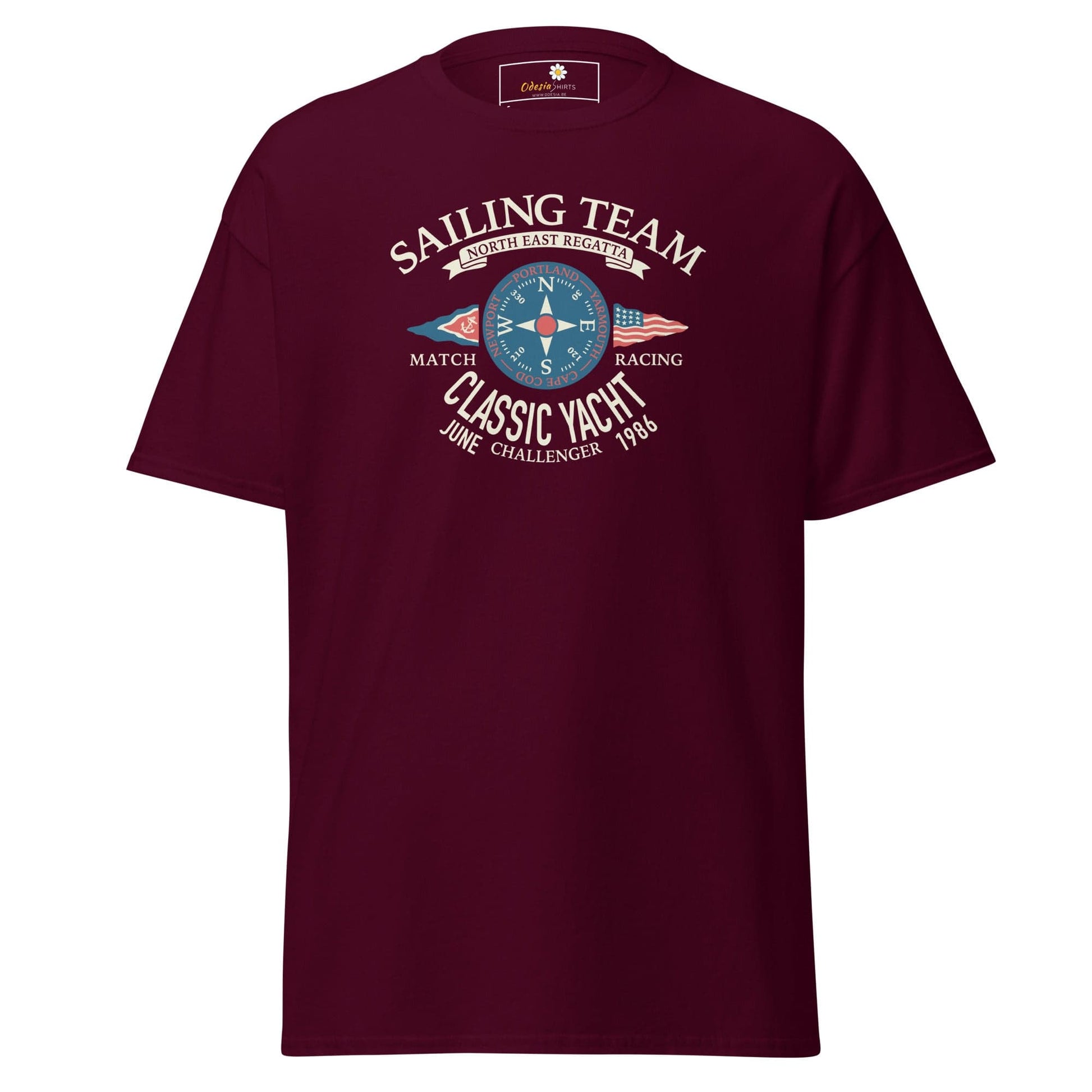 Maroon T-shirt with sailing graphic from T-SHIRT DESIGN TEE for men and women in sizes S to XL
