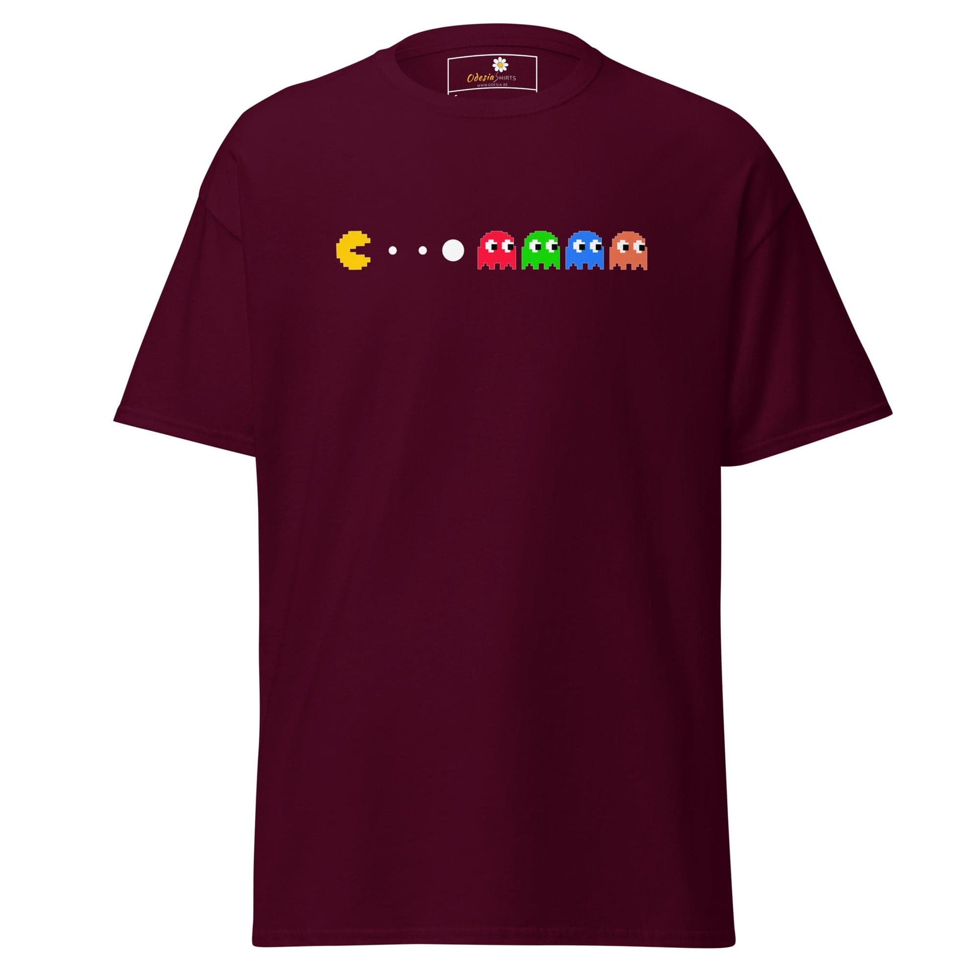 Maroon T-shirt with Pac-Man design for men and women, available in sizes S to XL