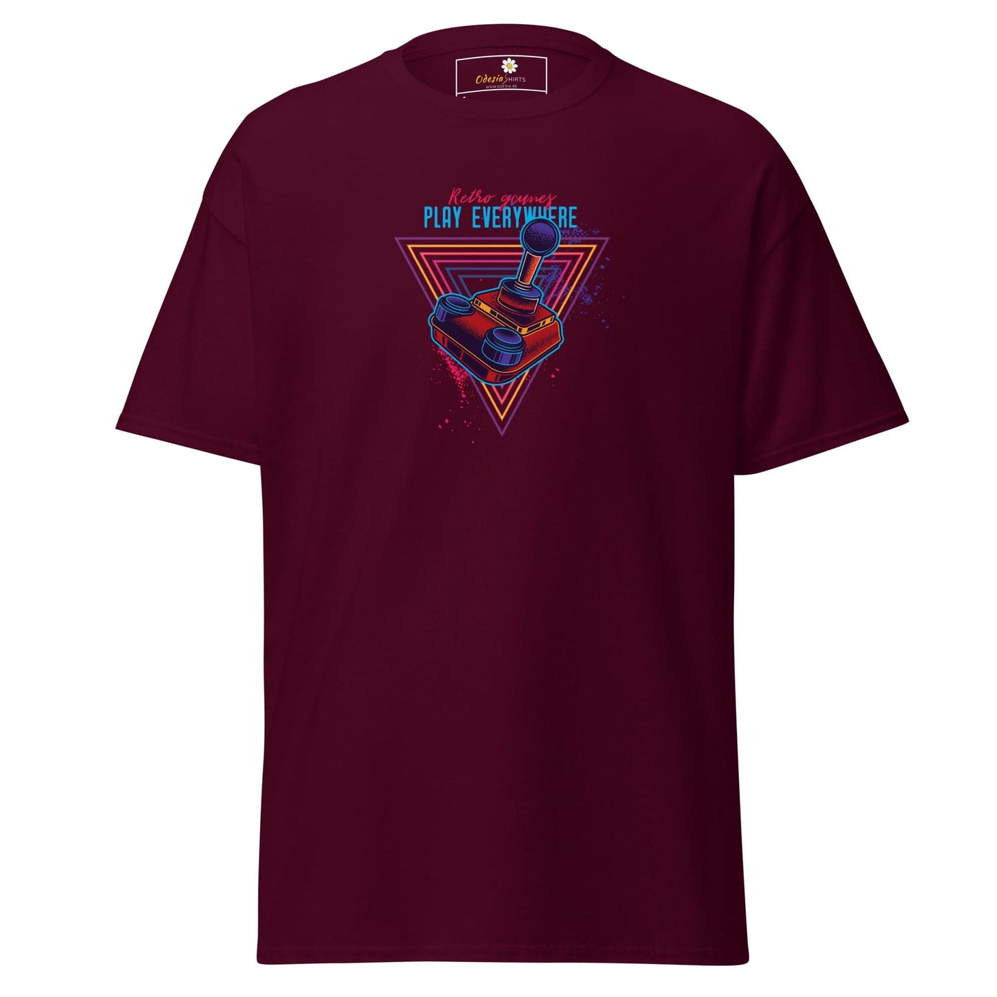 Maroon T-shirt with retro gaming design for men and women in sizes S to XL