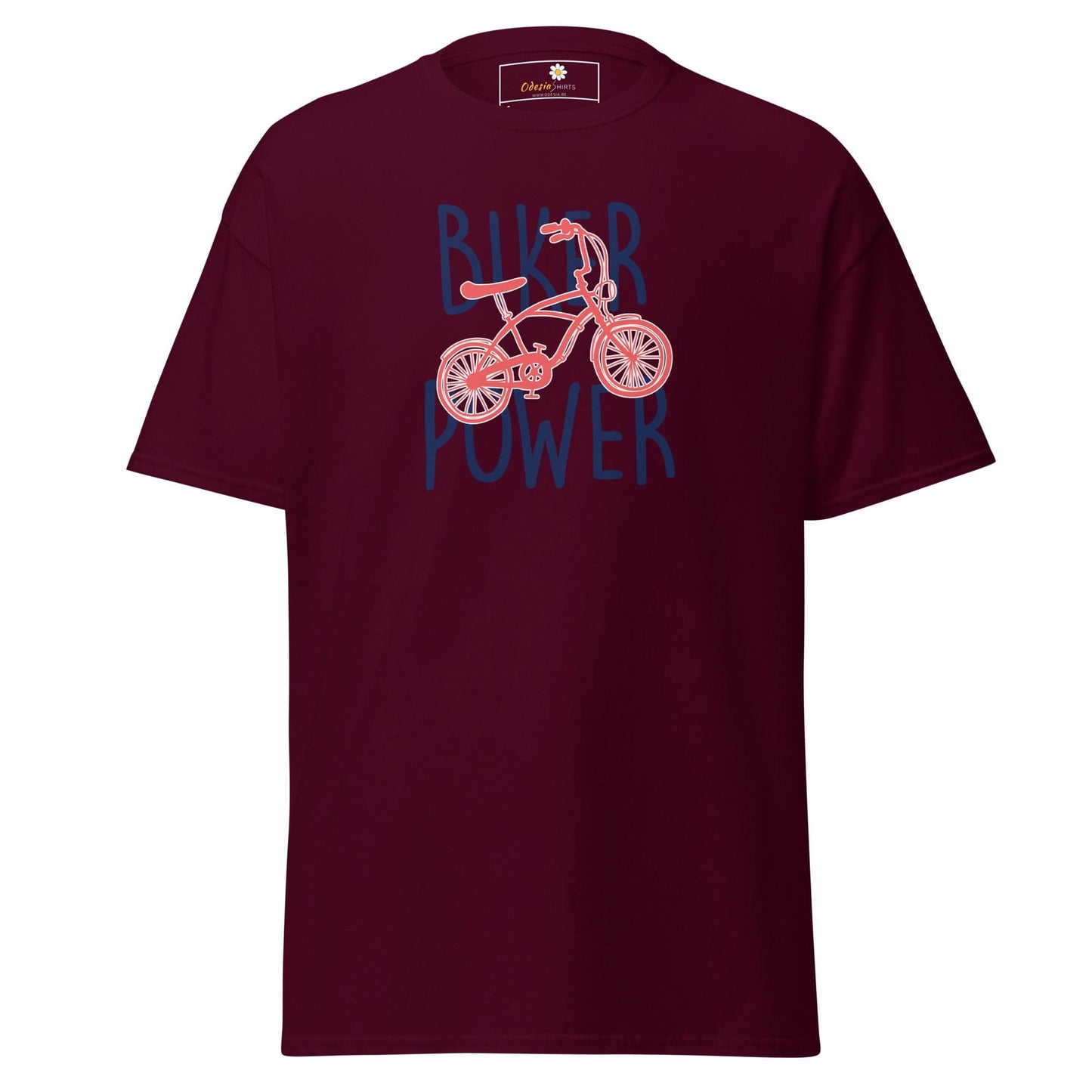 Maroon T-shirt with bicycle graphic for Men and Women in sizes S to XL