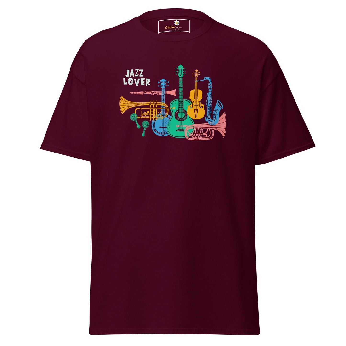 Maroon T-shirt with jazz instrument graphic suitable for Men and Women sizes S to XL