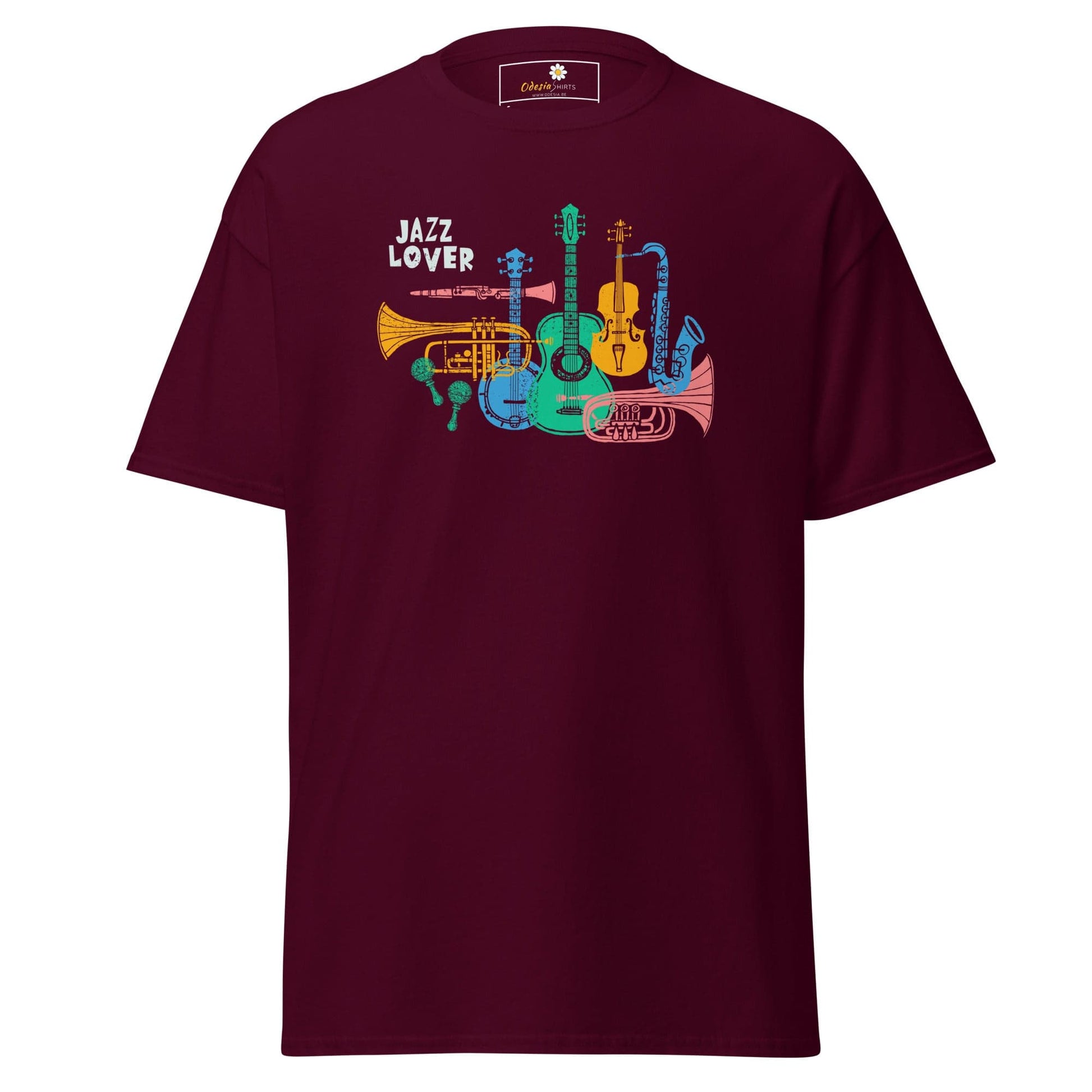 Maroon T-shirt with jazz instrument graphic suitable for Men and Women sizes S to XL