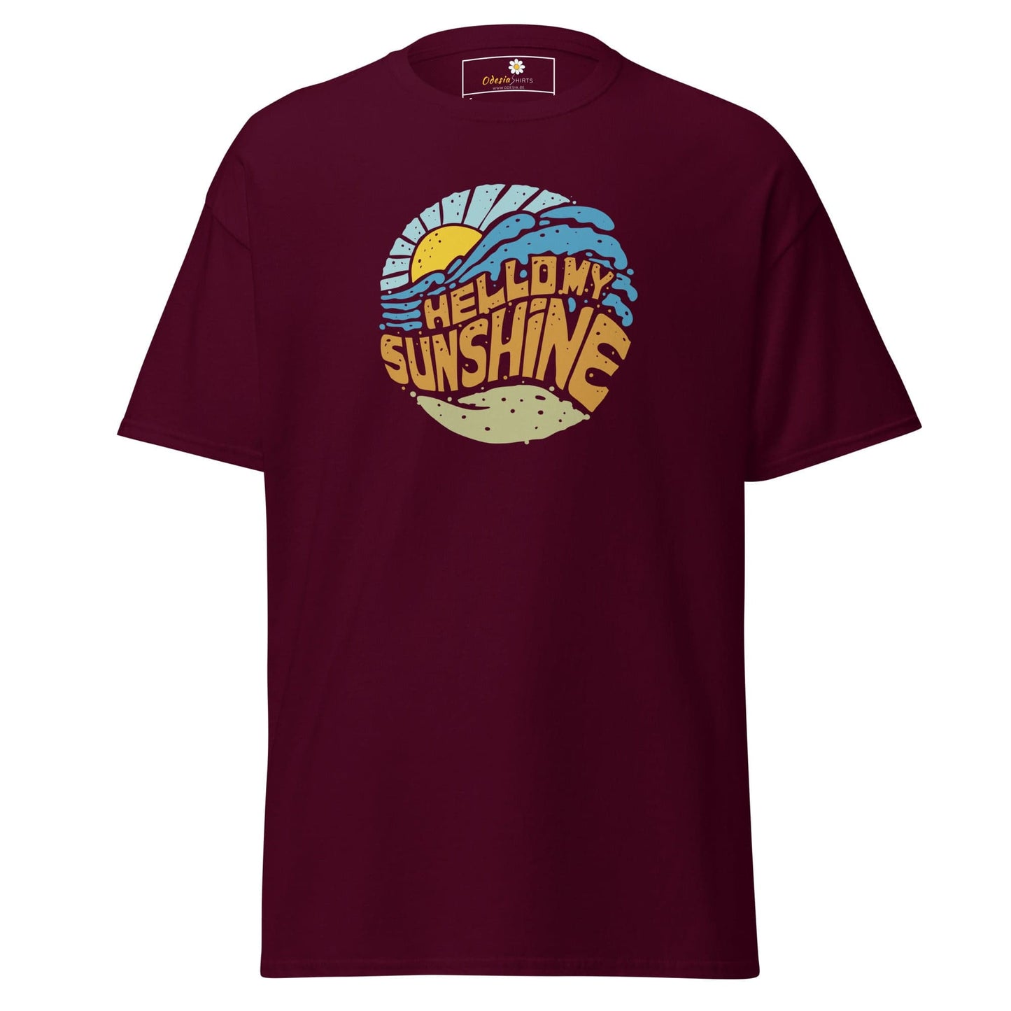Maroon t-shirt with beach-themed graphic suitable for men and women in sizes S to XL
