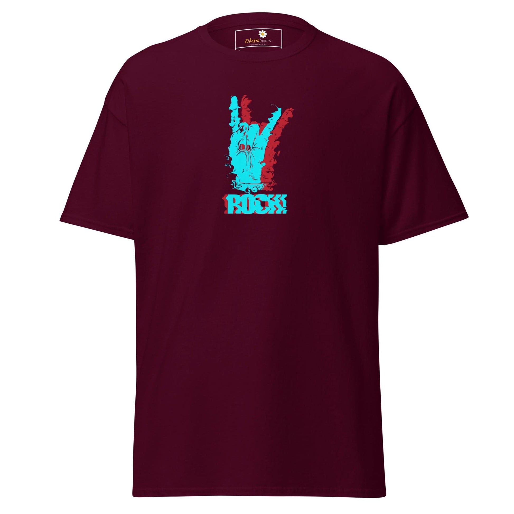 Maroon T-shirt with rock hand graphic for men and women in sizes S to XL