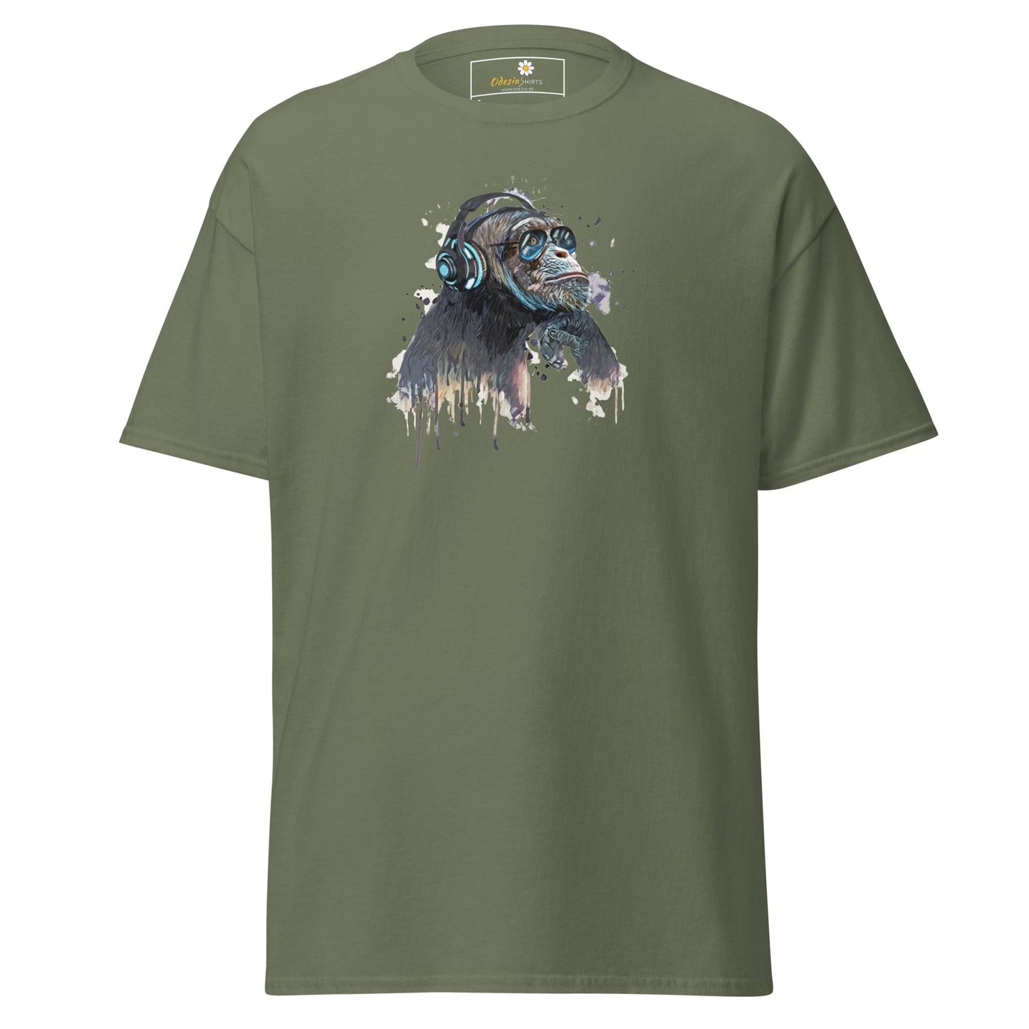 Olive green T-shirt with chimpanzee graphic, designed for men and women, sizes S to XL