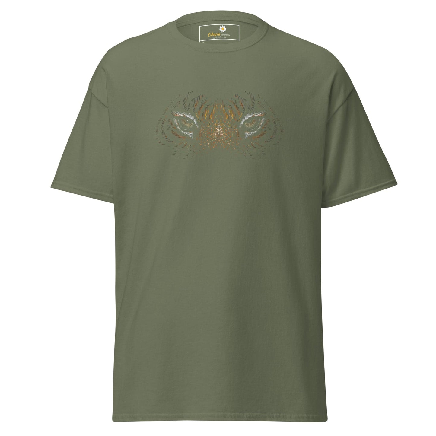 Olive green T-shirt with a tiger eyes graphic for men and women, available in S to XL