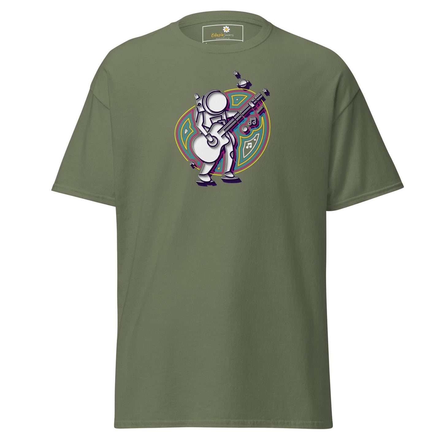 Olive green T-shirt with astronaut graphic for man or woman in size S to XL